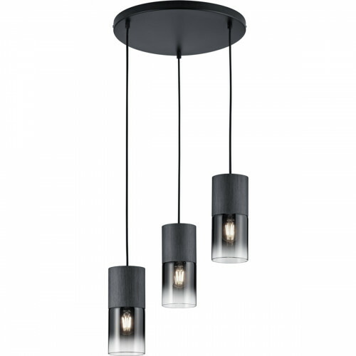 Suspension LED - Trion Roba - Douille E27 - 3-lumières - Rond - Mat Noir Verre Fumé - Aluminium