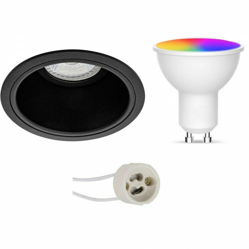 Set de Spots LED GU10 - Facto - LED Intelligente - LED Wifi - 5W - RGB+CCT - Couleur de lumière ajustable - Dimmable - Pragmi Minko Pro - Rond Encastré - Mat Noir - Encastré - Ø90mm