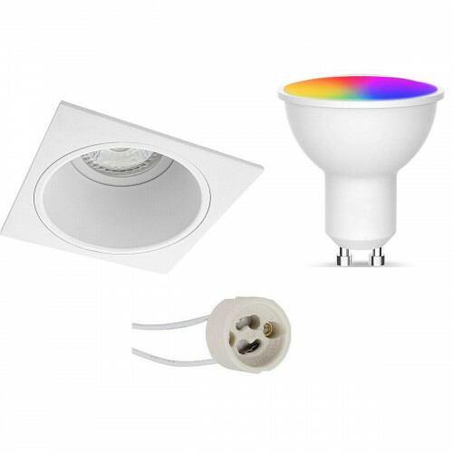 Set de Spots LED GU10 - Facto - LED Intelligente - LED Wifi - 5W - RGB+CCT - Couleur de lumière ajustable - Dimmable - Pragmi Minko Pro - Carré Encastré - Mat Blanc - Encastré - 90mm