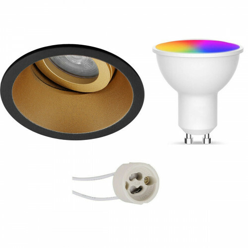 Set de Spots LED GU10 - Facto - LED Intelligente - LED Wifi - 5W - RGB+CCT - Couleur de lumière ajustable - Dimmable - Pragmi Zano Pro - Rond Encastré - Mat Noir/Or - Inclinable - Ø93mm