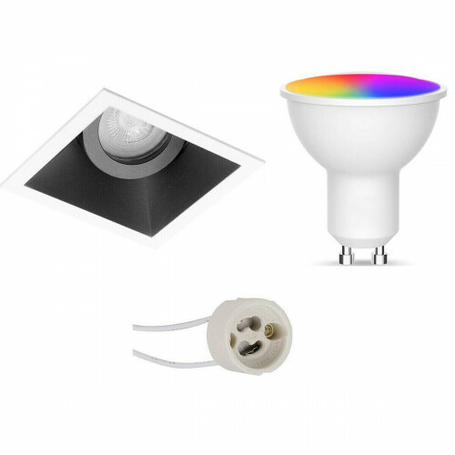 Set de Spots LED GU10 - Facto - LED Intelligente - LED Wifi - 5W - RGB+CCT - Couleur de lumière ajustable - Dimmable - Pragmi Zano Pro - Carré Encastré - Mat Noir/Blanc - Inclinable - 93mm