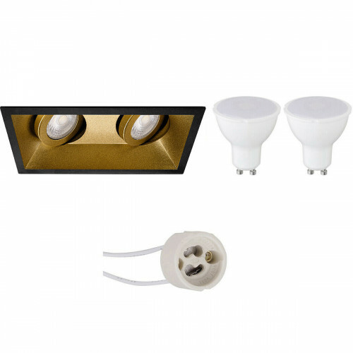 Set de spots LED - Pragmi Zano Pro - Douille GU10 - Double Rectangulaire Encastré - Mat Noir/Or - 4W - Blanc Neutre 4200K - Inclinable - 185x93mm