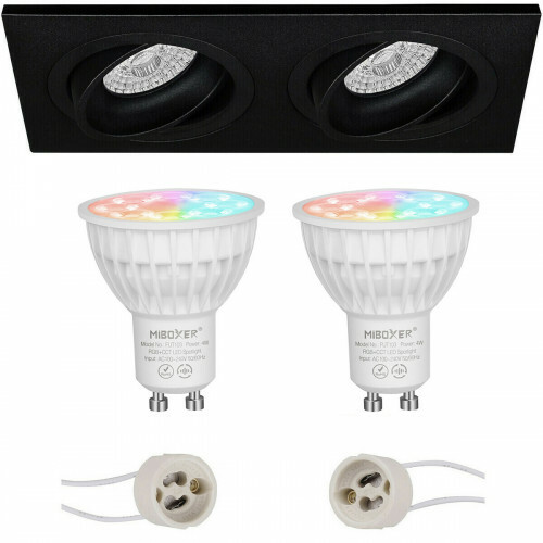 Mi-Light MiBoxer - Set de Spots LED GU10 - LED Intelligente - LED Wifi - 4W - RGB+CCT - Couleur de lumière ajustable - Dimmable - Pragmi Borny Pro - Double Rectangulaire Encastré - Mat Noir - Inclinable - 175x92mm