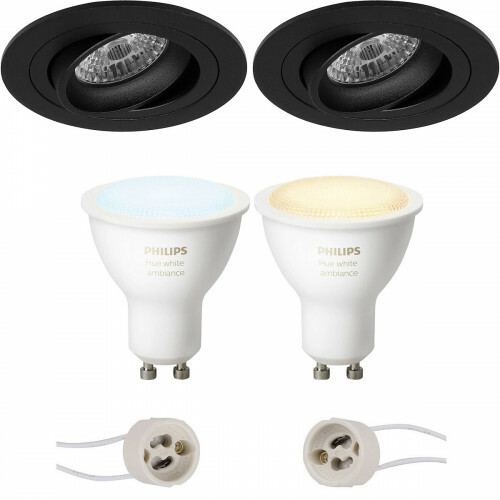 Pragmi Alpin Pro - Rond Encastré - Mat Noir - Inclinable Ø92mm - Philips Hue - Set de Spots LED GU10 - White Ambiance - Bluetooth