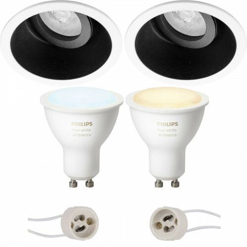 Pragmi Zano Pro - Rond Encastré - Mat Noir/Blanc - Inclinable - Ø93mm - Philips Hue - Set de Spots LED GU10 - White Ambiance - Bluetooth
