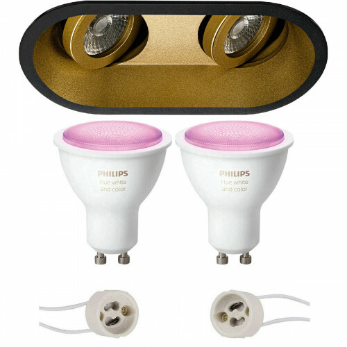 Pragmi Zano Pro - Double Ovale Encastré - Mat Noir/Or - Inclinable - 185x93mm - Philips Hue - Set de Spots LED GU10 - White and Color Ambiance - Bluetooth