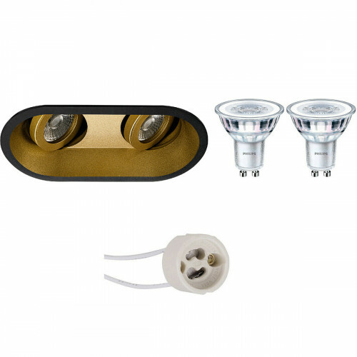 Set de spots LED - Pragmi Zano Pro - Douille GU10 - Double Ovale Encastré - Mat Noir/Or - Inclinable - 185x93mm - Philips - CorePro 827 36D - 4.6W - Blanc Chaud 2700K
