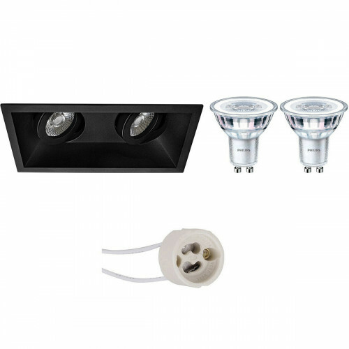 Set de spots LED - Pragmi Zano Pro - Douille GU10 - Double Rectangulaire Encastré - Mat Noir - Inclinable - 185x93mm - Philips - CorePro 830 36D - 3.5W - Blanc Chaud 3000K