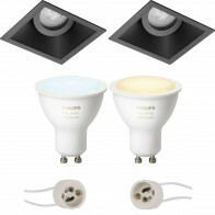 Pragmi Zano Pro - Carré Encastré - Mat Noir - Inclinable - 93mm - Philips Hue - Set de Spots LED GU10 - White Ambiance - Bluetooth