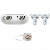 Set de spots LED - Pragmi Zano Pro - Douille GU10 - Double Ovale Encastré - Mat Blanc - Inclinable - 185x93mm - Philips - CorePro 827 36D - 3.5W - Blanc Chaud 2700K