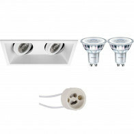 Set de spots LED - Pragmi Zano Pro - Douille GU10 - Double Rectangulaire Encastré - Mat Blanc - Inclinable - 185x93mm - Philips - CorePro 827 36D - 3.5W - Blanc Chaud 2700K