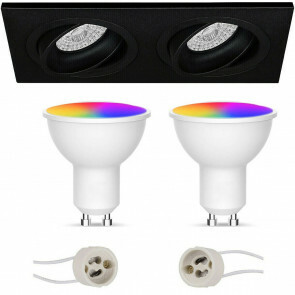 LED Spot Set GU10 - Facto - Smart LED - Wifi LED - Slimme LED - 5W - RGB+CCT - Aanpasbare Kleur - Dimbaar - Afstandsbediening - Pragmi Borny Pro - Inbouw Rechthoek Dubbel - Mat Zwart - Kantelbaar - 175x92mm